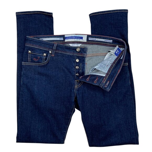 Jacob Cohen Mens Nick Jeans 34 Dark Blue Wash Slim Fit Button Fly Low Rise Italy - Picture 3 of 15